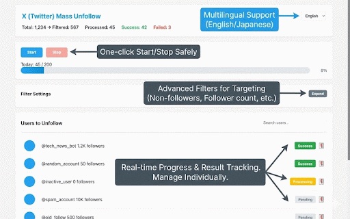Mass Unfollow for X - Bulk Unfollow :: Mass & bulk unfollow for Twitter/X. Remove non-followers, inactive & ghost accounts with smart filters and whitelist.
