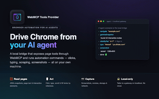 WebMCP Tools Provider :: Browser automation extension with WebSocket bridge. Exposes custom tools via WebMCP and accepts commands from external AI programs.