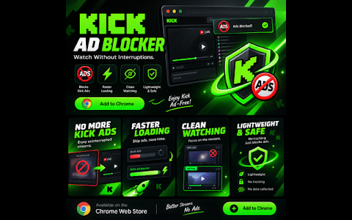 Kick Ad Blocker — AI Chat Bot, Themes & Live Notifications :: Blocks SSAI video ads on Kick, repaints the whole site with any color you choose, and notifies you when favorites go live.