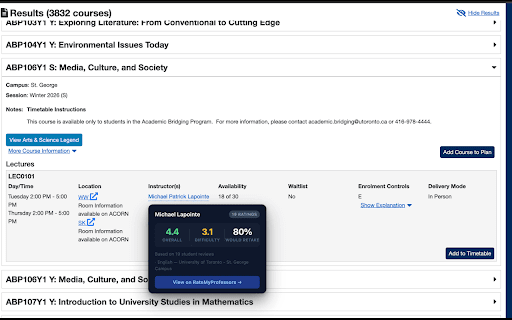 UofT TTB RateMyProfessors :: Shows RateMyProfessors ratings for instructors on the UofT Timetable Builder (ttb.utoronto.ca)