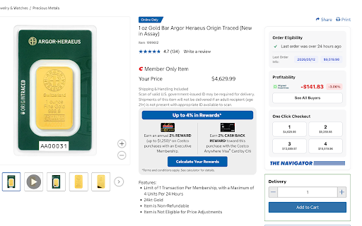 The Navigator :: Order eligibility, profitability, and one-click checkout functionality for warehouse precious metals
