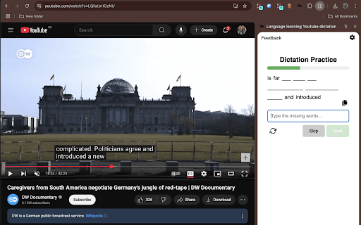 Language learning Youtube dictation :: Allows language learners to use Youtube videos to dictate senteces and improve their listening and writing skills.