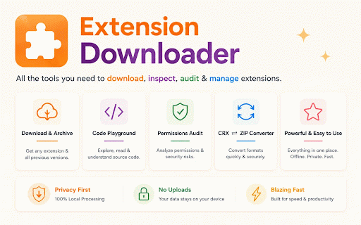 Extension Downloader – Download Chrome Extensions, CRX & Convert to ZIP :: Download Chrome extensions as CRX or ZIP, inspect code, audit permissions, browse versions, and convert CRX ↔ ZIP instantly.