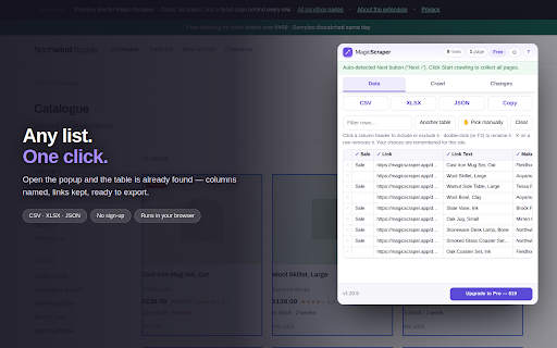 Magic Scraper :: Extract data from any web page into CSV or XLSX. Auto-detects tables and lists, crawls pagination and infinite scroll.