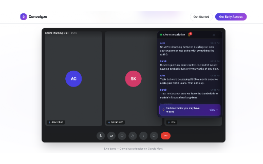 Convolyze - AI Meeting Notes & Fact-Check :: Google Meet AI assistant with real-time transcription, fact-checking, meeting notes, summaries, and action items.