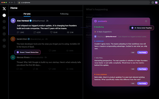 postmatic - AI Replies for X :: AI auto-engagement for X.com. Monitors your feed, generates contextual replies, and posts them with your approval.