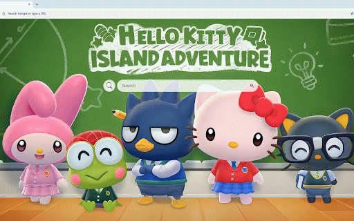 Hello Kitty Island Adventure Live Wallpaper :: Hello Kitty and Sanrio friends in school uniforms against green chalkboard backdrop with educational doodles.