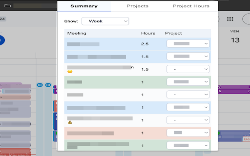 Weekly Calendar Project Tracker :: Track, color-code, and export your Google Calendar meetings and project hours by week or day.
