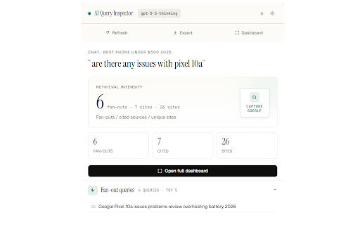 AI Query Inspector :: Compare what ChatGPT cites against Google, Bing, or DuckDuckGo rankings — locally, on-device, with zero data leaving your browser.