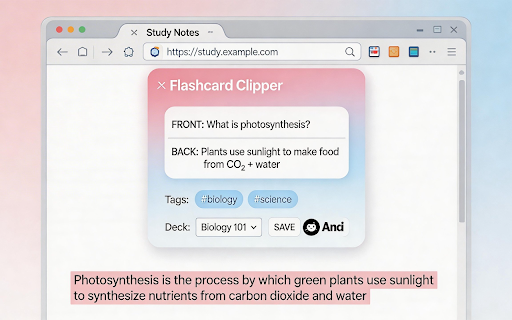 Flashcard Clipper — Free & Simple Anki Card Maker :: Free flashcard maker! Select text, right-click → Create Flashcard. Export .apkg to Anki, manage decks & tags. Simple & fast.