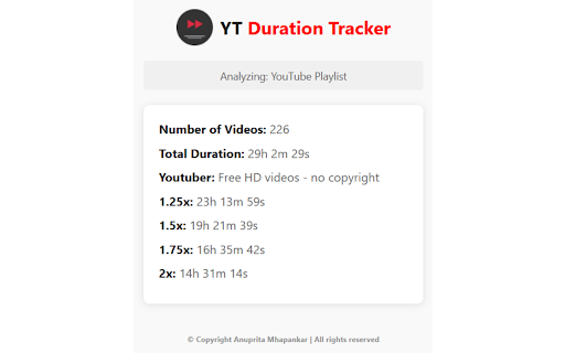 YouTube Duration Tracker :: Quickly calculate the total duration of YouTube playlists, including estimated watch times at different speeds.