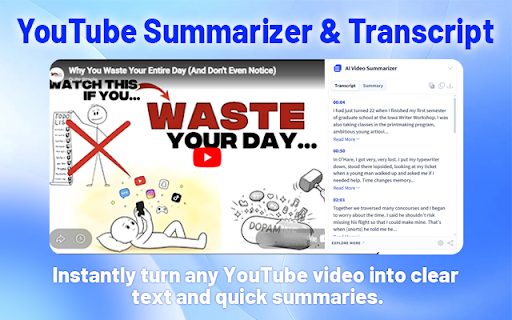 AI Video Transcriber for YouTube with ChatGPT & Gemini :: Save time with instant AI YouTube summaries and transcripts. Download or copy subtitles with timestamps in just one click.