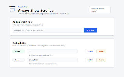 Always Show Scrollbar :: Keeps vertical and horizontal scrollbars visible on selected sites.