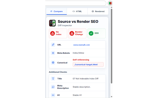 Source vs Render SEO :: Compares raw HTML vs. rendered DOM for SEO fields and shows indexability/rendering changes in the icon.