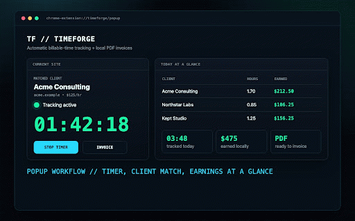 TimeForge - Auto Time Tracker + Invoices :: Auto-track billable time, review local sessions, and create PDF invoices. Free for 2 clients; Lifetime unlocks more.