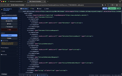 XML Viewer & Formatter :: Auto-detect XML, WSDL & SOAP in browser. Format, minify, tree view, XPath and JSON conversion. Supports RSS, Atom, SVG and XSD.