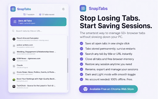 SnapTabs :: Save, search, and manage your browser tabs with a single click. Never lose a tab again.