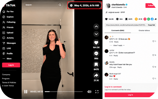 TikTok Upload Time Viewer :: See the exact upload date & time of any TikTok video. Works on feed & video pages. Supports 12/24h format. Free & private.