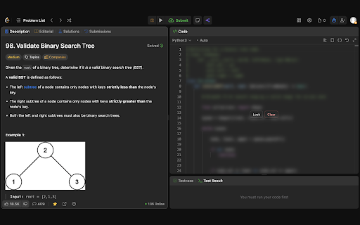 LeetBlur: Blur & Redo LeetCode Solutions :: Blur your saved LeetCode solution so you can redo the problem spoiler-free. Peek or reset to a clean slate in one click.