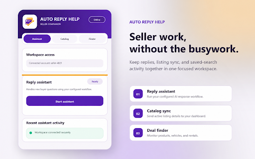 Auto Reply Help :: Seller productivity tools for assisted replies, catalog sync, and saved-search discovery.