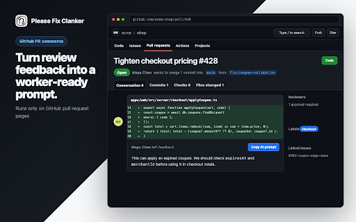 Please Fix Clanker :: Copy GitHub PR comments as clean AI worker prompts.