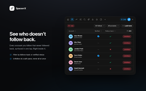SpacerrX: X & Twitter Unfollowers, AI Replies, Post Scheduler, Trends :: See who doesn't follow you back on X (Twitter). Free. AI replies in your voice, trends, creator analysis, scheduler, autopilot.