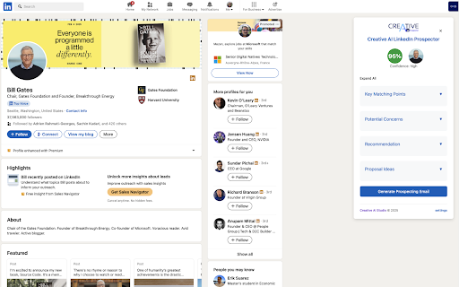 Creative AI LinkedIn Prospector :: Creative AI LinkedIn Prospector est une extension innovante qui utilise l'IA pour analyser les profils LinkedIn de vos prospects.