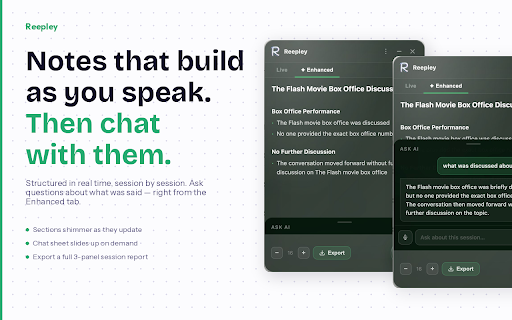 Reepley: AI note taker for Google Meet, Zoom and MS Teams :: The AI that sits in the room with you; live transcription, real-time AI answers, structured notes, and memory across sessions.