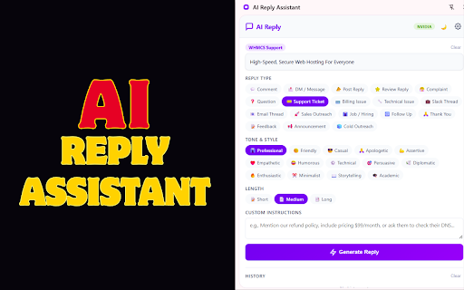 AI Reply Assistant :: AI reply generator for social media posts, DMs, comments, reviews & support. OpenAI, NVIDIA NIM Free, OpenRouter Free.