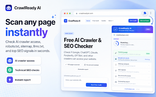 CrawlReady AI — AI Crawler & SEO Checker :: Scan any page for AI crawler access, CrawlReady Score, and SEO issues. Free quick audit — full report on crawlreadyai.com.