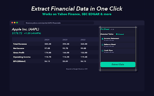 FinSheet — AI Financial Data Extractor :: Extract financial data from any page to Google Sheets in one click. Works on SEC EDGAR, Yahoo Finance, Seeking Alpha & more.