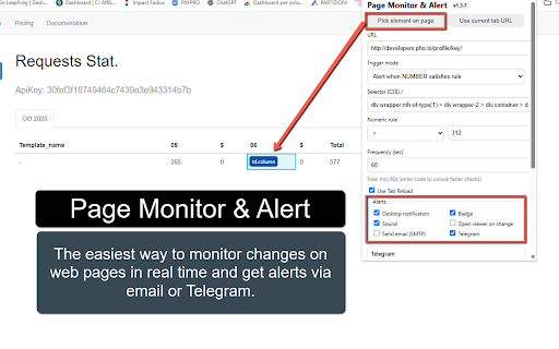 Page Monitor & Alert :: Monitor pages and fire alerts (notification, sound, email via SMTP relay, Telegram). Visual selector, diff viewer, numeric rules.