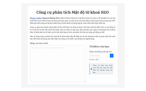 Kiểm Tra Mật Độ Từ Khóa - Võ Việt Hoàng :: Phân tích mật độ từ khóa chuẩn SEO cho trang web bất kỳ hoặc văn bản tự nhập. Công cụ hỗ trợ On-page đắc lực.