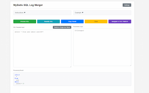 MyBatis SQL Log Merger :: Merge MyBatis SQL logs into complete SQL statements