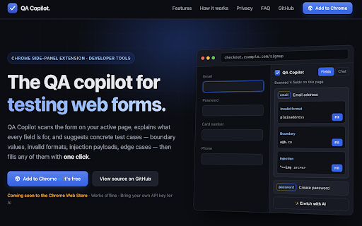 AI assisted Form Tester - QA Copilot :: QA copilot for manual testing. Scan forms, get test-case suggestions, one-click fill, and AI chat — using your own API key.