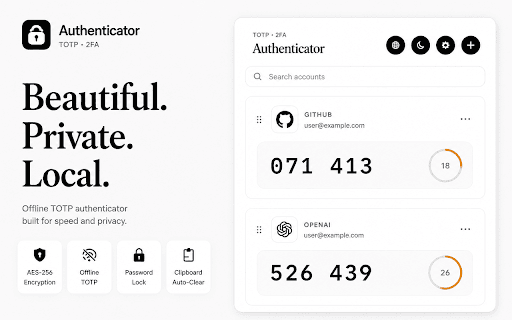 Authenticator :: TOTP two-step verification codes are generated locally; account keys are not uploaded to the server.