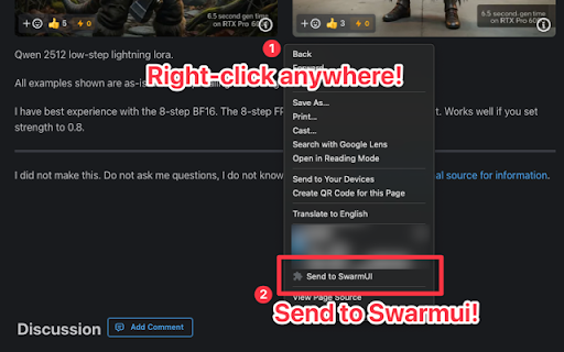 Send Link to SwarmUI :: Adds a context-menu action that forwards a link href or current page URL to SwarmUI.