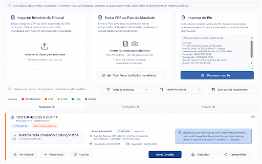 CertificAI - Gerador de Certidões :: Envie dados de mandados ao CertificAI e gere certidões com IA em poucos cliques.