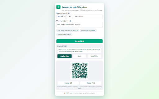 Gerador de Link WhatsApp :: Gere links wa.me com mensagem personalizada, QR Code e histórico em 1 clique. 100% local, sem coleta de dados.