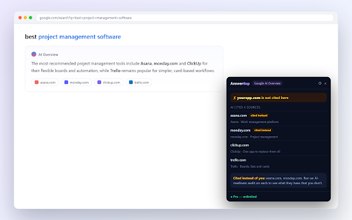 AnswerGap — AI search visibility :: See if AI search (ChatGPT, Perplexity, Gemini, AI Overviews) cites you — and who it cites instead. Plus an AI-readiness audit.