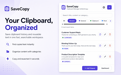 SaveCopy – Clipboard Manager & MultiCopy :: Save clipboard history, organize reusable text, and quickly copy or paste multiple snippets with categories and search.