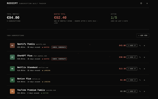 Receipt :: Know which subscriptions you pay for but don't actually use.