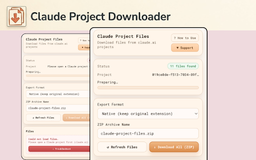 Claude Project Downloader :: Download Claude project files individually or as a ZIP archive, in native format or Markdown.