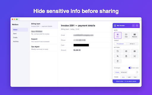 Blur Screen :: Instantly blur screen or any part of a web page and hide sensitive info before screenshots or screen sharing on Zoom & Meet.