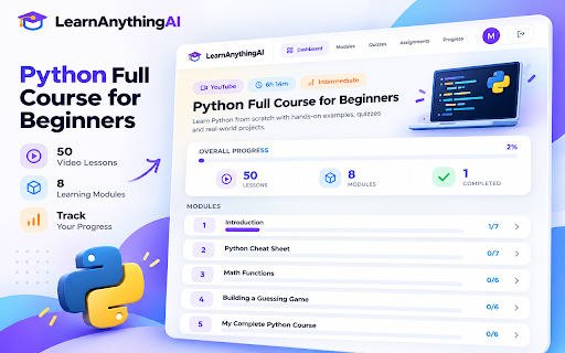 LearnAnythingAI :: Transform any YouTube tutorial into a structured AI-powered classroom with modules, lessons, quizzes, and assignments.