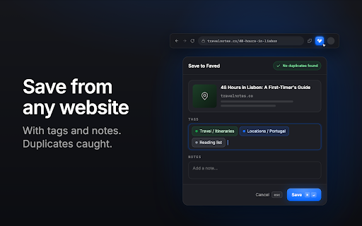 Faved — Save Bookmarks & Links :: Save links to Faved, the open-source bookmark manager. Organize with tags and sync to our secure cloud or self-hosted instance.