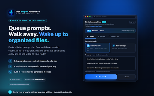 Batch Prompts & Auto Downloader for Grok Imagine — Grok Automation Tool :: Grok automation for Grok Imagine — batch prompts, bulk auto-download AI images & videos. Queue, auto retry, folders. Unofficial.