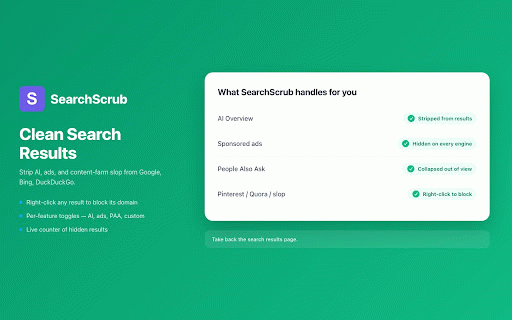 SearchScrub - Hide Unwanted Sites in Search Results :: Hide AI Overviews, ads & AI-slop from Google Search. Right-click to block Pinterest, content farms & any domain.