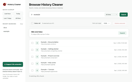 Browser History Cleaner :: Search history by keyword, group results by site, and bulk-delete selected URLs. Local processing; no history uploads.
