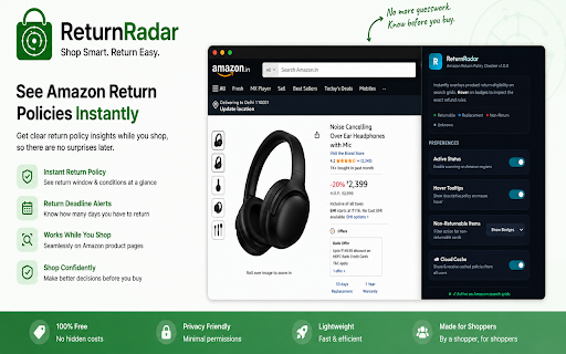 ReturnRadar — Amazon Return Policy Checker :: Instantly see Amazon return policies (Returnable, Replacement, Non-Returnable) on search results. Filter or hide items.